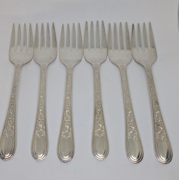 1930's Silverplate Dessert Salad Forks Set Of 6 Fortune By Wallace Floral Handle - Picture 6 of 11